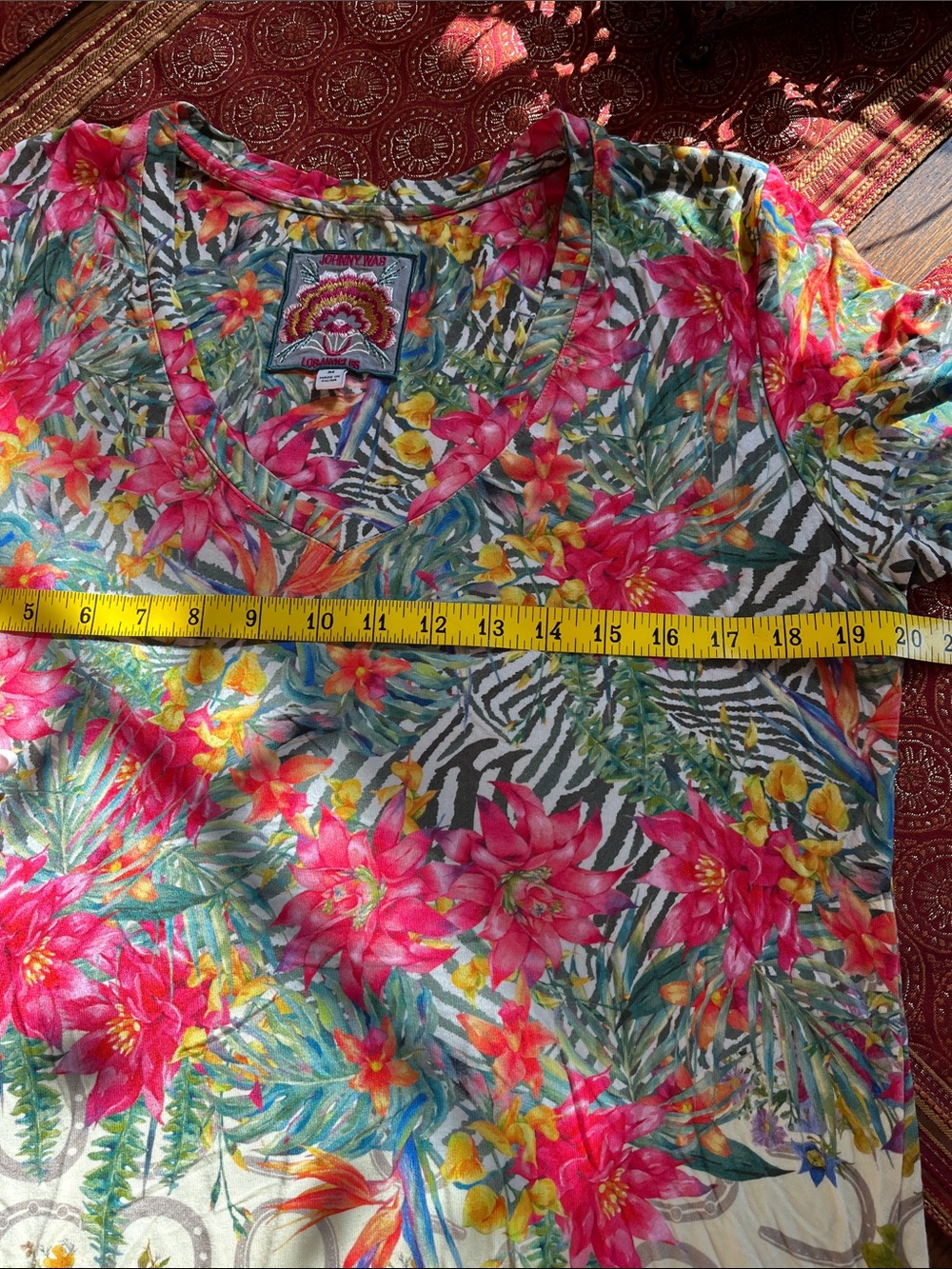 Johnny Was Floral Tropical V-Neck Tee in Pink, Yellow, Green - Picture 7 of 7